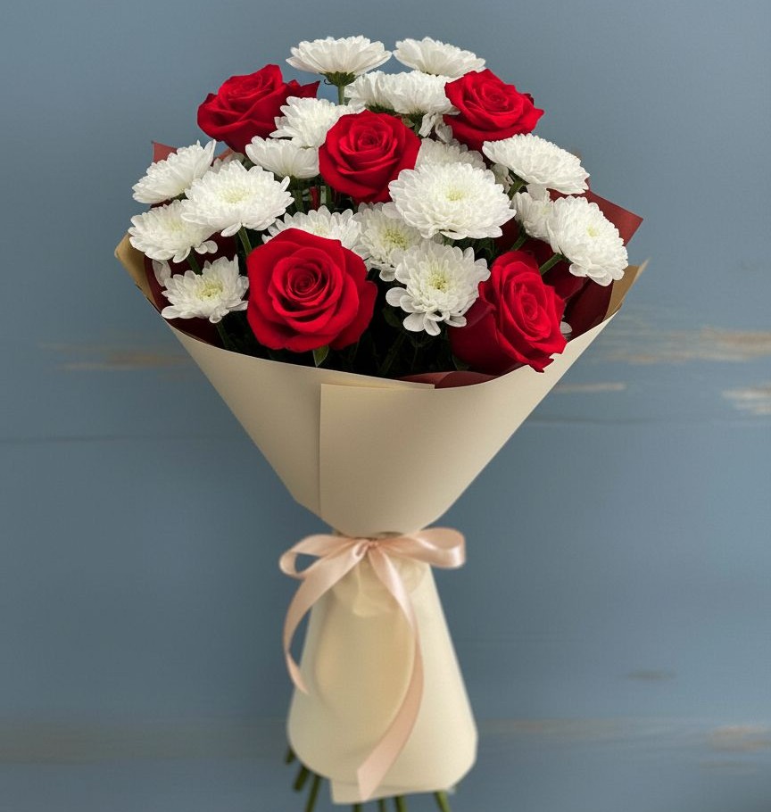 Букет цветов из: Розы и Хризантемы в Саки