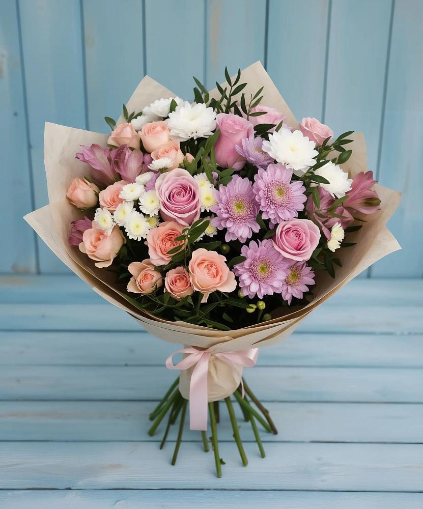 Букет цветов из: Хризантемы, Розы и Альстромерии в Саки