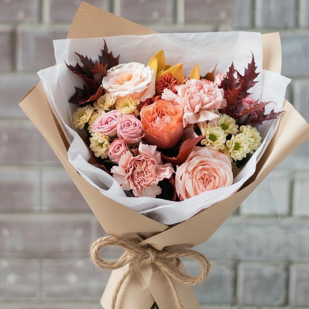 Букет цветов из: Гвоздики, Хризантемы и Розы в Саки