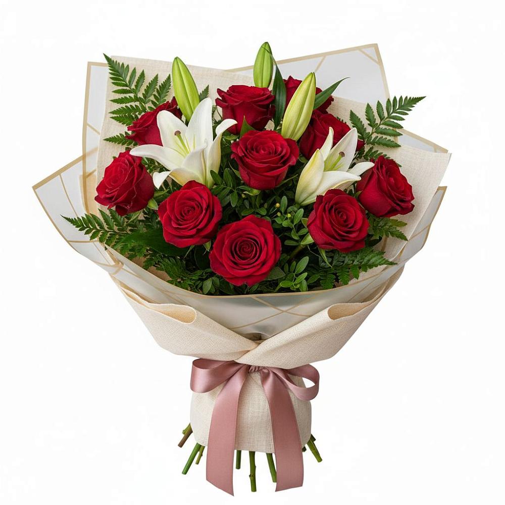 Букет цветов из: Лилии и Розы в Саки