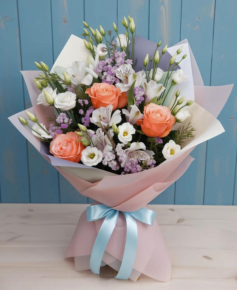 Букет цветов из: Лизиантусы, Розы, Альстромерии и Гипсофила в Саки