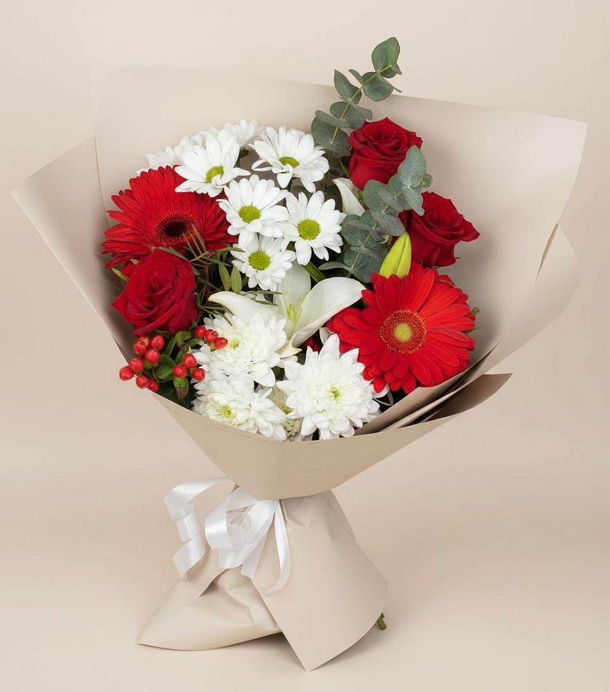 Букет цветов из: Розы, Хризантемы, Герберы и Лилии в Саки