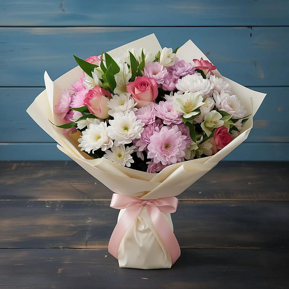 Букет цветов из: Хризантемы, Альстромерии и Розы в Саки